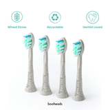Four booheads wheat straw electric toothbrush heads compatible with Sonicare* with wheat straw and dentist-loved icons