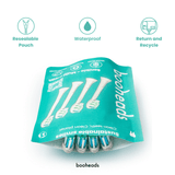 booheads resealable pouch packaging for Sonicare*-compatible toothbrush heads with waterproof and return-and-recycle icons