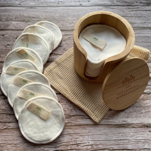 Bamboo Holder with Reusable Bamboo Cotton Face Pads