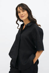 Seville Linen Short Sleeves Shirt in Licorice Black