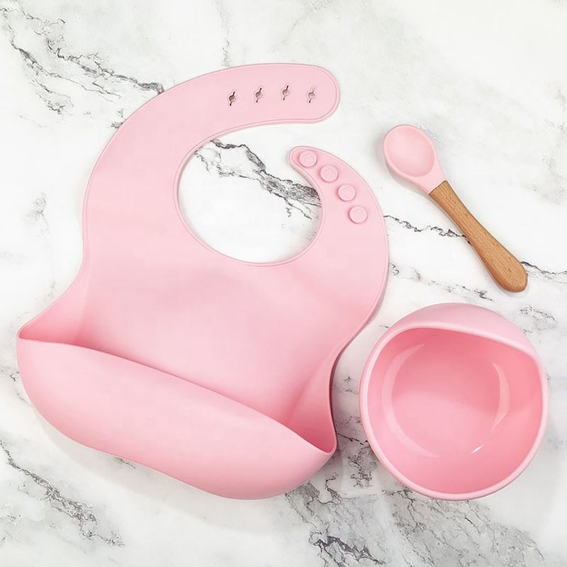 Silicone Bib, Bowl and Spoon Set - Pink
