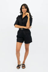 Seville Linen Short Sleeves Shirt in Licorice Black