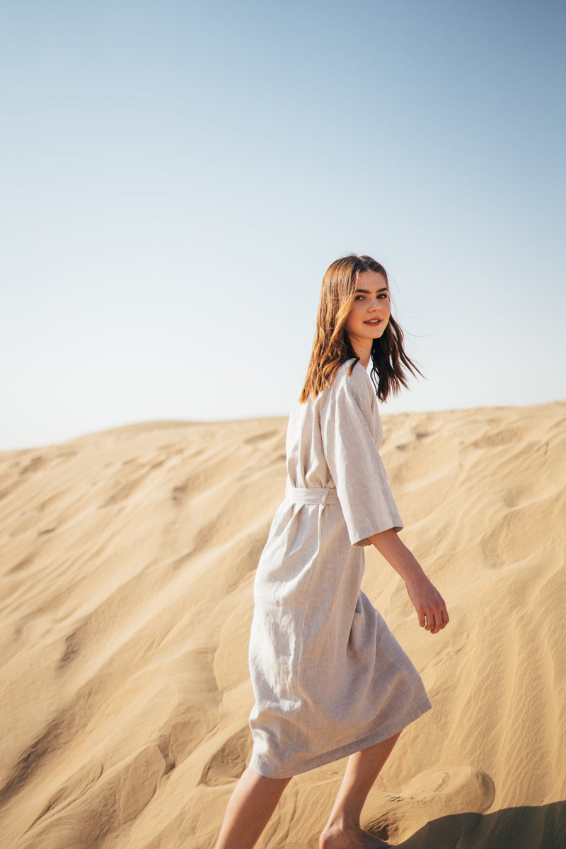 Japanese inspired women's loose free midi linen dress by Anse Linen.