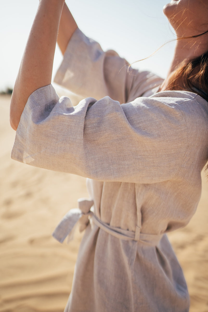 Long sleeve belted midi dress made of melange natural linen by Anse Linen brand.