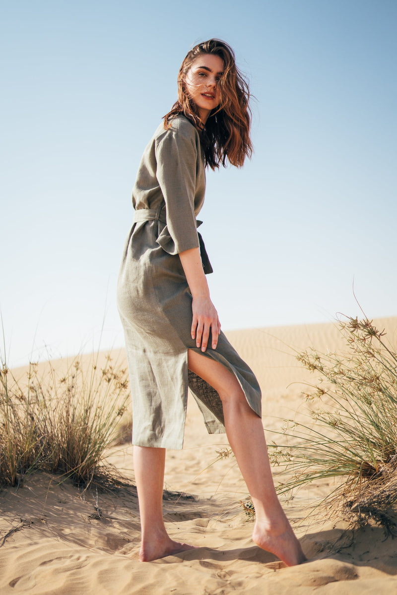 Long  resort wear dress in khaki for women made of pure linen.