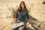 Pure linen long sleeve dress in khaki for women