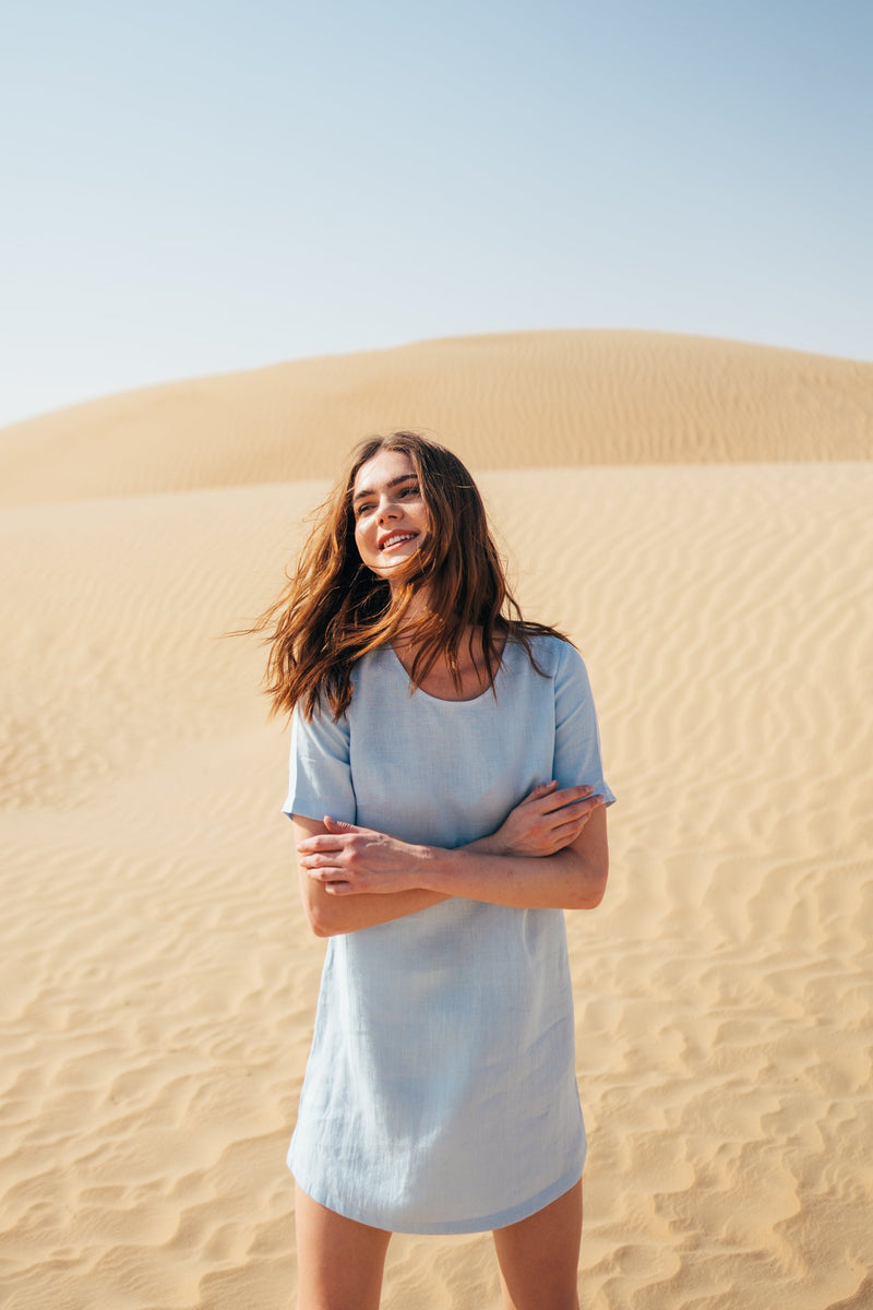 T-shirt sleeve round neckline short dress in azure blue by Anse Linen.