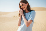 T-shirt summer dress made of linen in azure blue color.