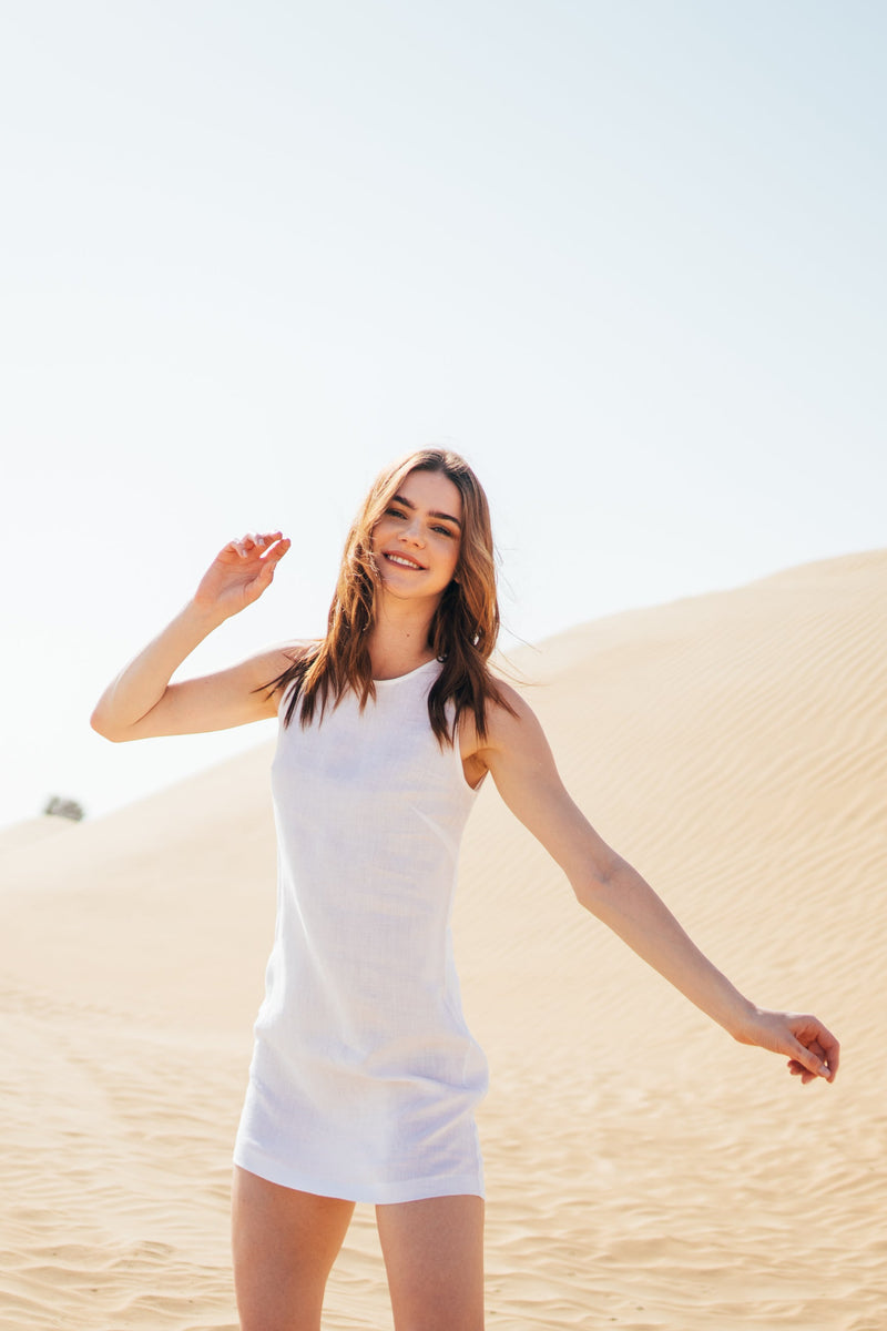 Short white pure linen dress for women.