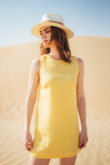 Short yellow 100% linen beach dress for women.