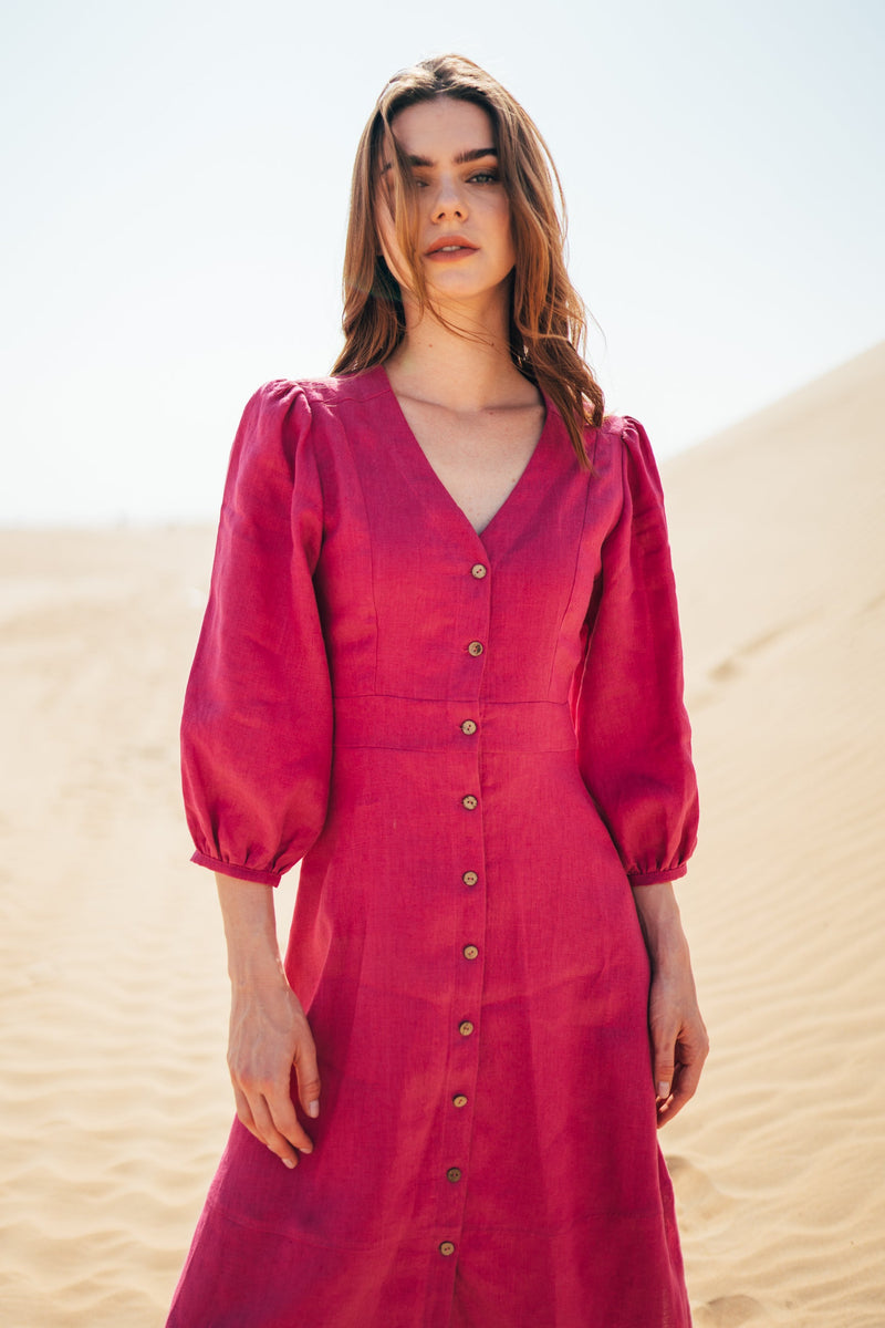 Long pink linen summer dress with long sleeves by Anse Linen.