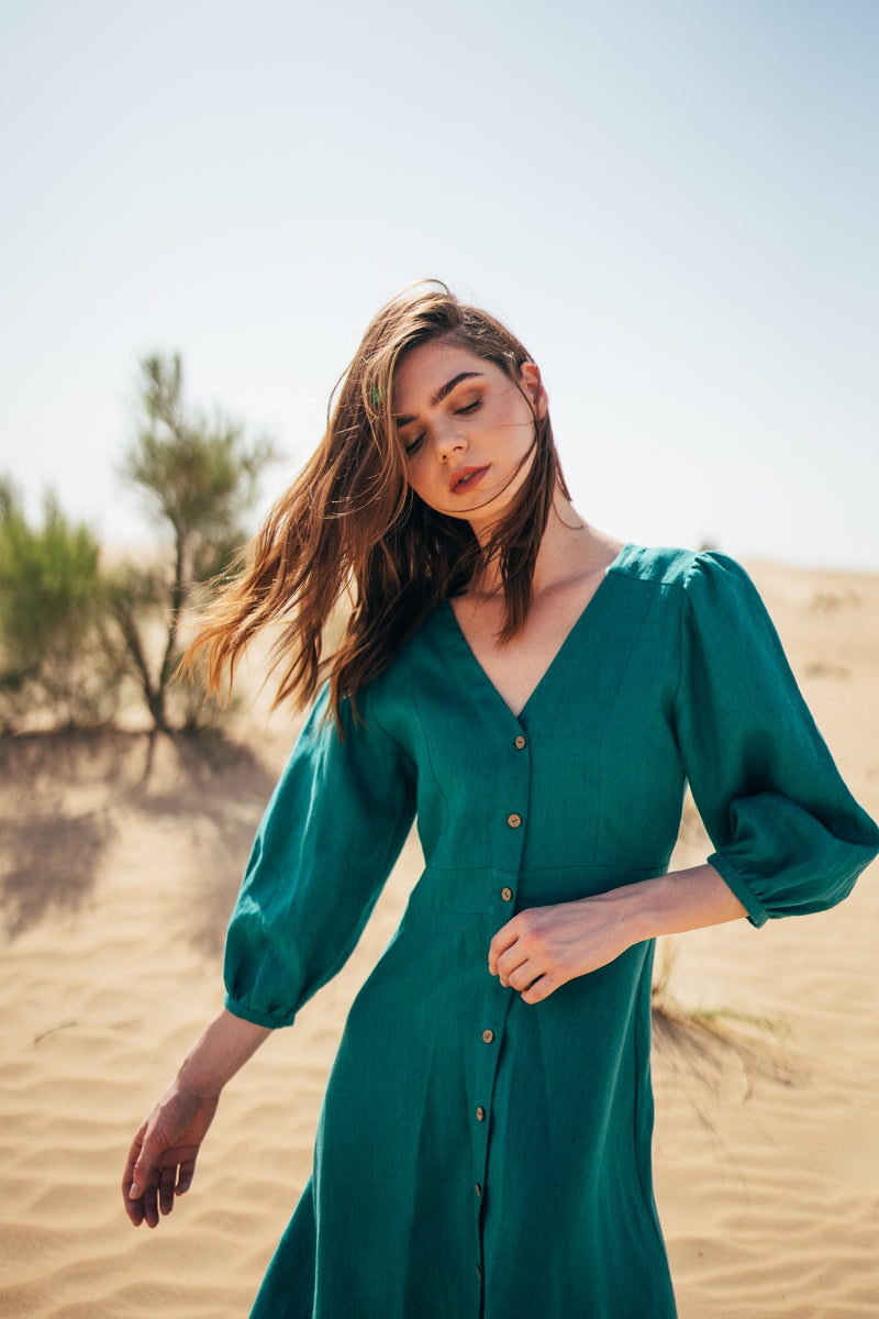 Emerald green long sleeve linen midi dress by Anse Linen.