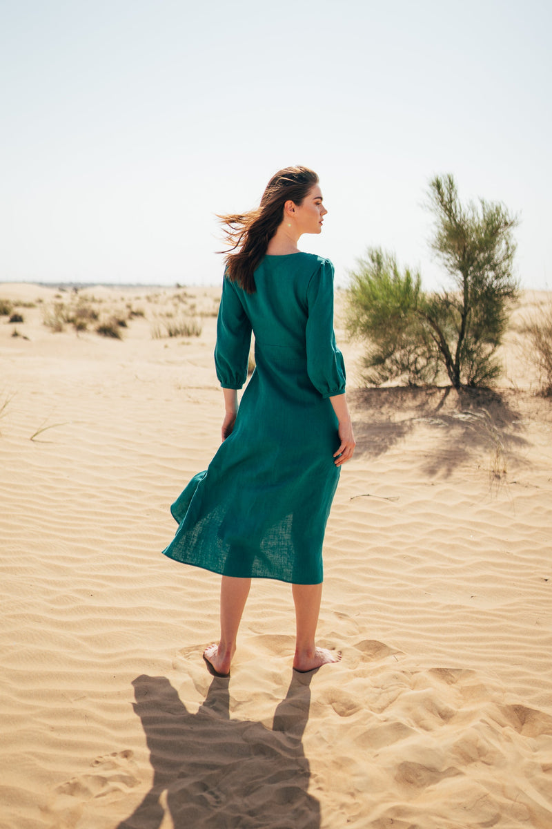 Long midi green linen summer dress for women.