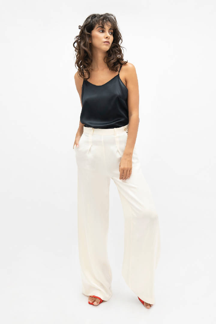 Branson Silk Wide Leg Pants in Pearl White