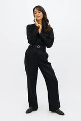 French Riviera Linen Wide Leg Pants in Licorice Black