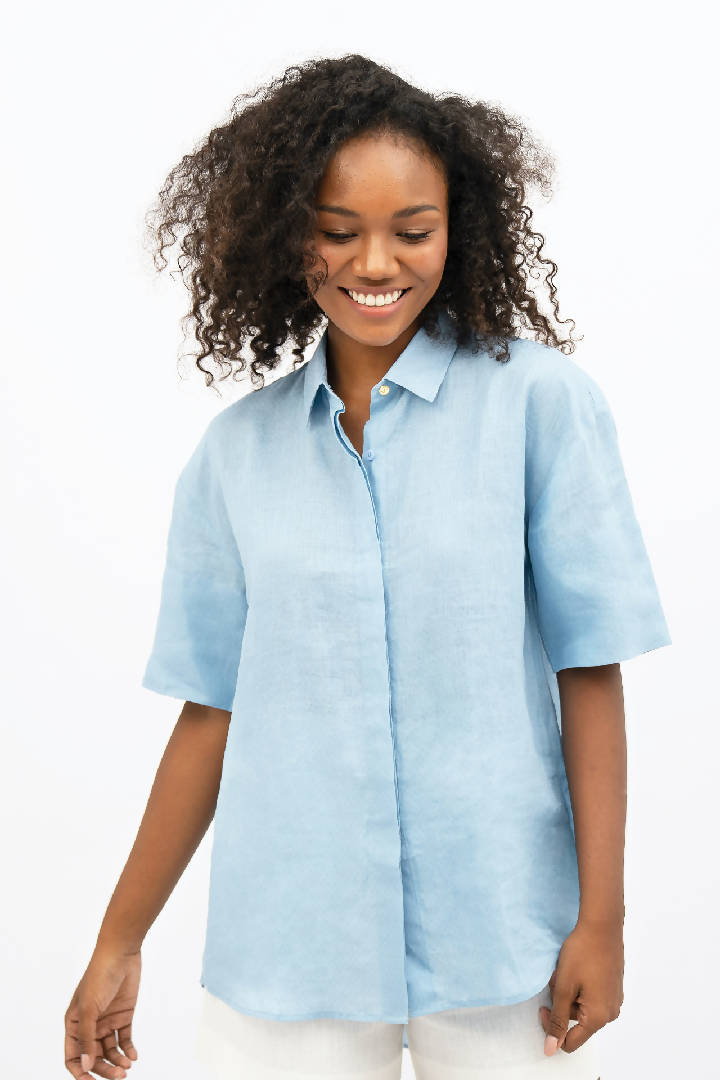 Seville Linen Short Sleeves Shirt in Sommerhus Blue