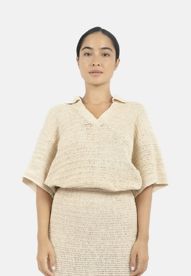 Sedona Crochet Polo Top-Natural
