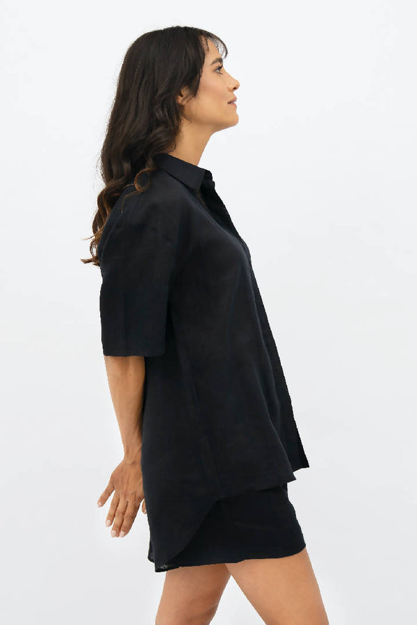 Seville Linen Short Sleeves Shirt in Licorice Black