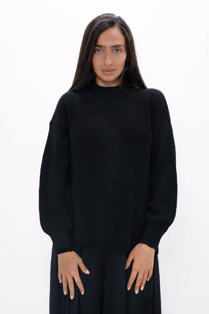 Ottawa - Hand Knitted Wool High Neck Sweater - Licorice Black