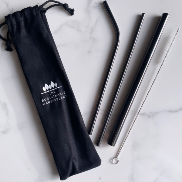 A set of Reusable Stainless Steel Straws in dark grey