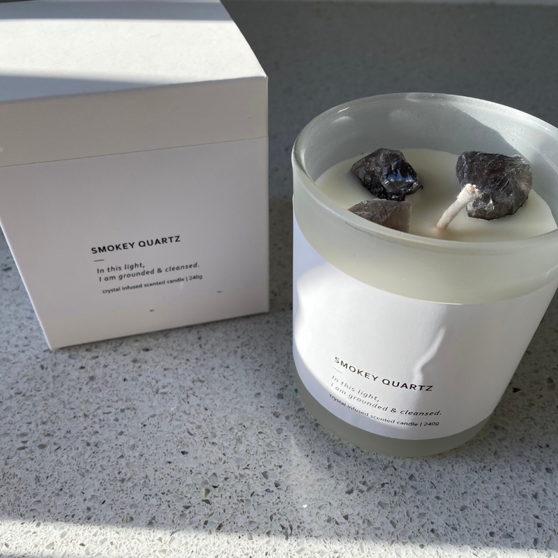 Smoked Quartz Crystal Soy Candle with box - Infinite Sandalwood