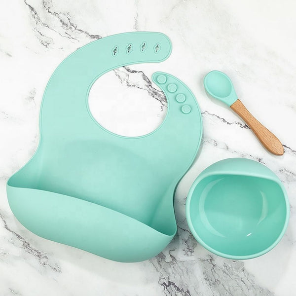 Silicone Bib, Bowl and Spoon Set - Green