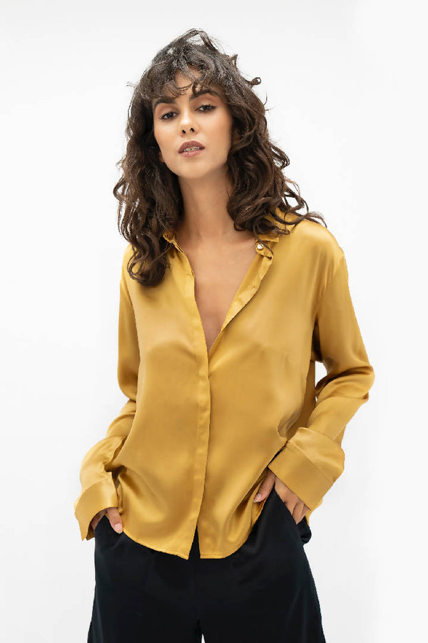 Kobe Shirt Silk Blouse in Mimosa Yellow