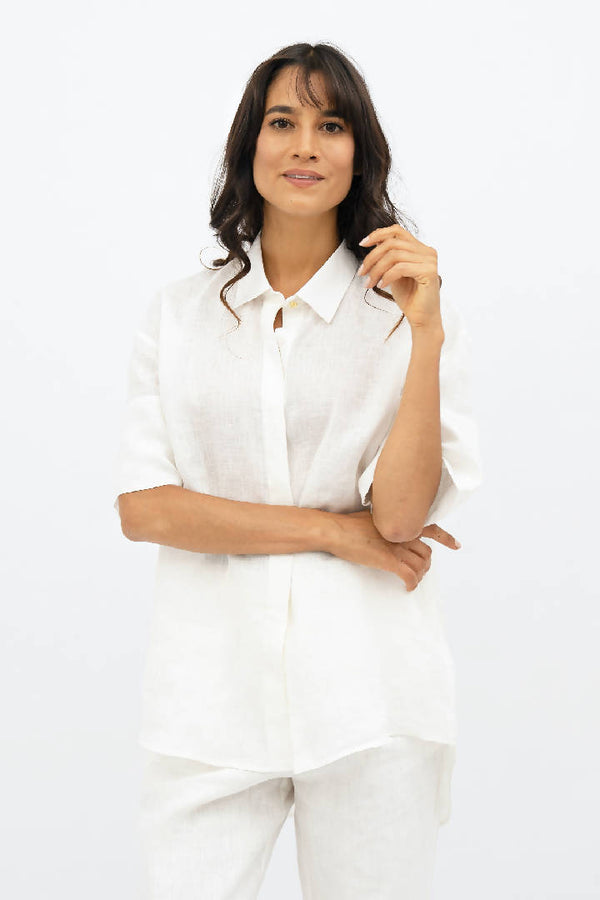 Seville Linen Short Sleeves Shirt in Porcelain White
