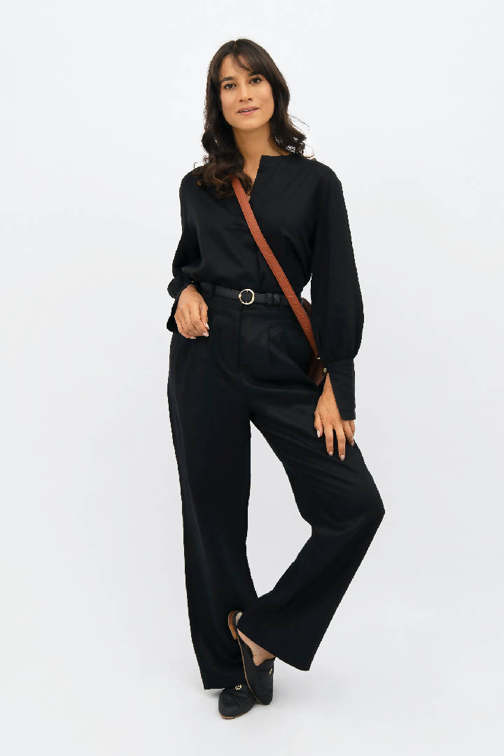 French Riviera Linen Wide Leg Pants in Licorice Black