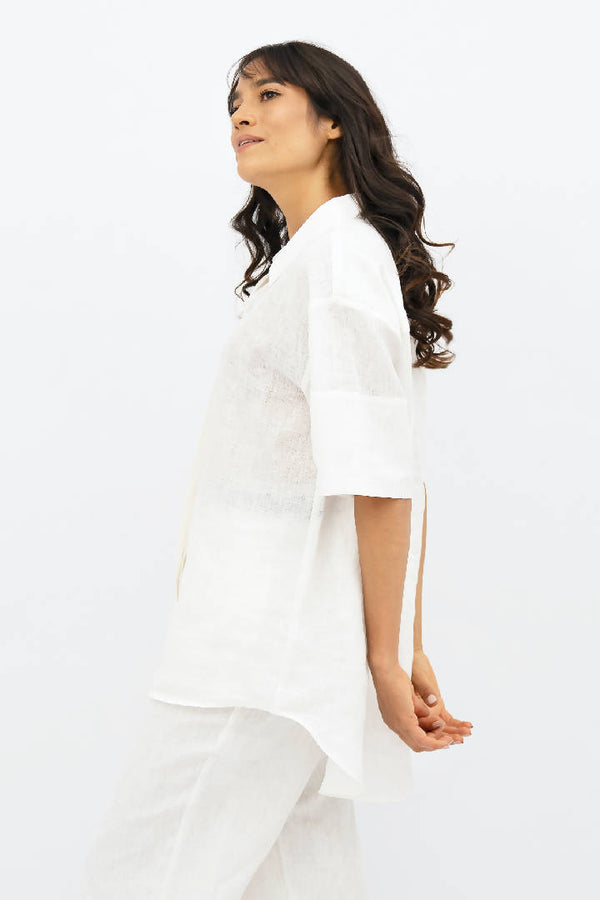 Seville Linen Short Sleeves Shirt in Porcelain White