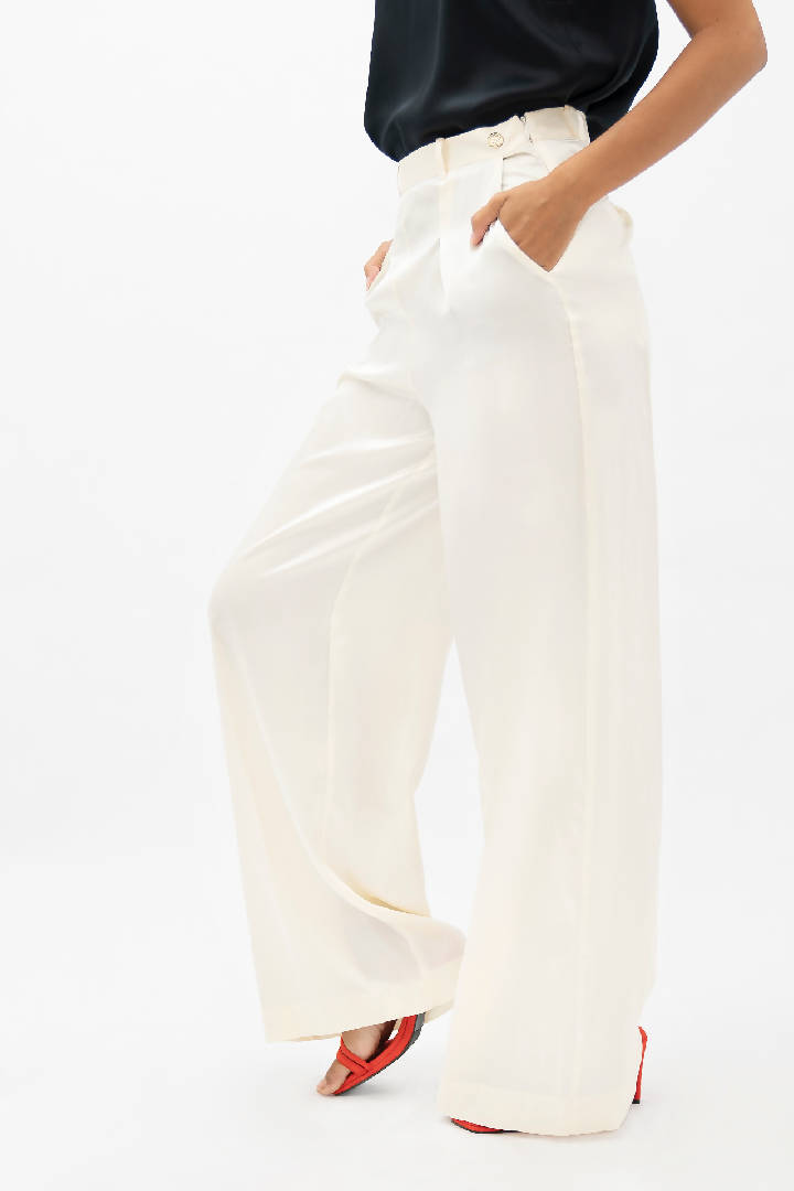 Branson Silk Wide Leg Pants in Pearl White