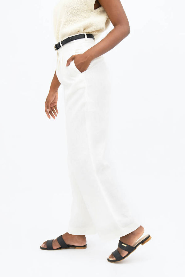 French Riviera Linen Wide Leg Pants in Porcelain White