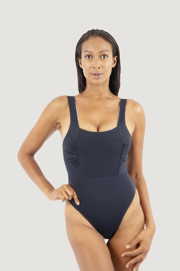 Saint Tropez Ruffled One-Piece Swimsuit in Dark Blue Pebble