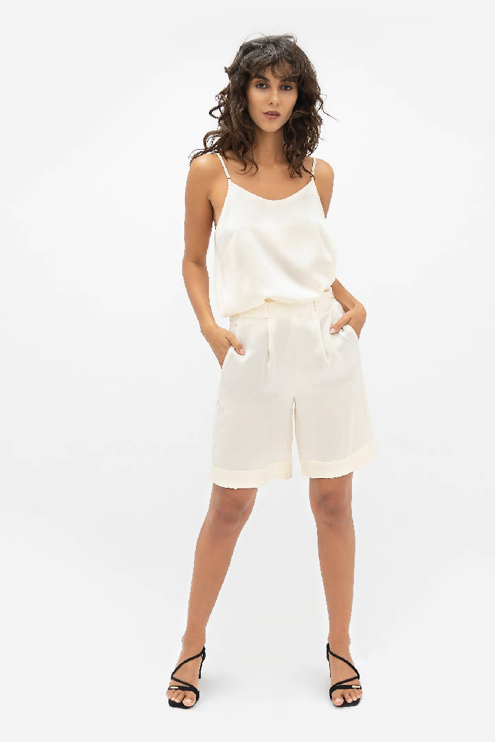 Manila Silk Tailored Shorts in Pearl White