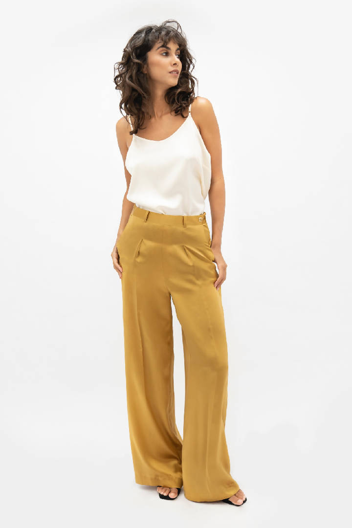 Branson Silk Wide Leg Pants in Mimosa Yellow