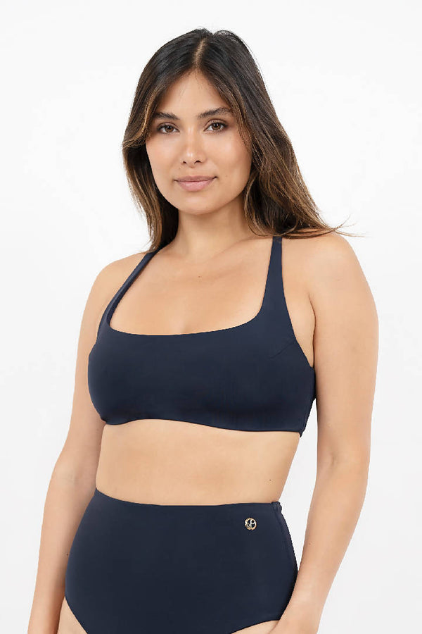 Crete Cross Back Bikini Top in Dark Blue Pebble