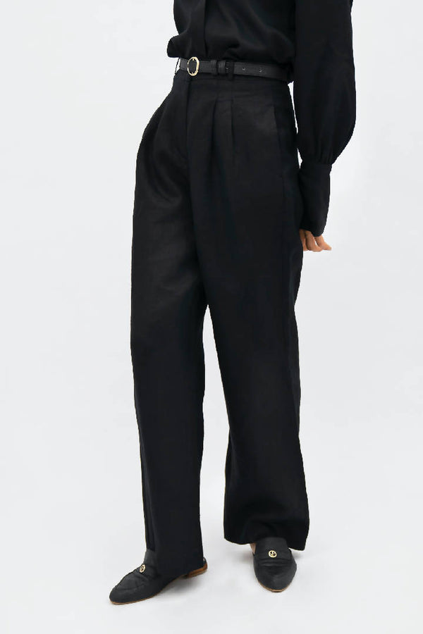 French Riviera Linen Wide Leg Pants in Licorice Black